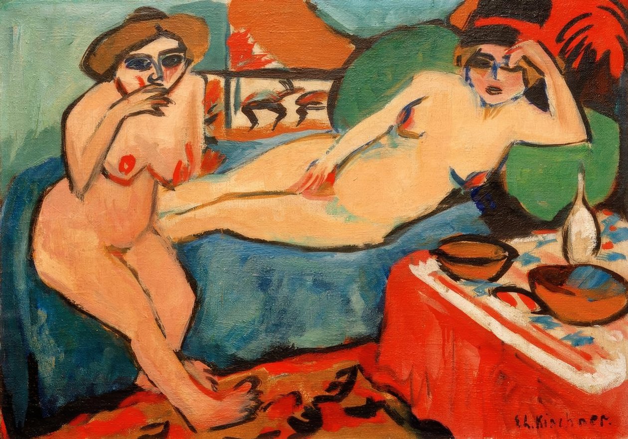 Twee naakten op blauwe sofa door Ernst Ludwig Kirchner