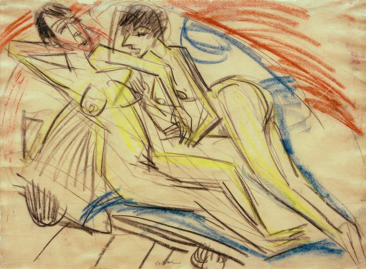 Twee naakte meisjes op het bed door Ernst Ludwig Kirchner