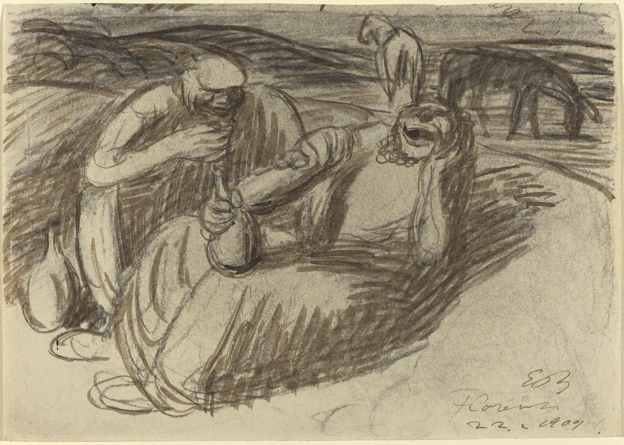 Italiaanse boeren met wijnflessen, 1909 door Ernst Barlach