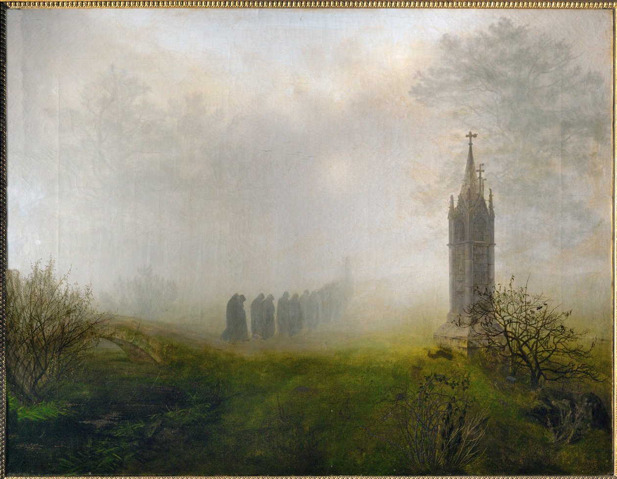 Processie in de mist (olieverf op doek) door Ernst Ferdinand Oehme