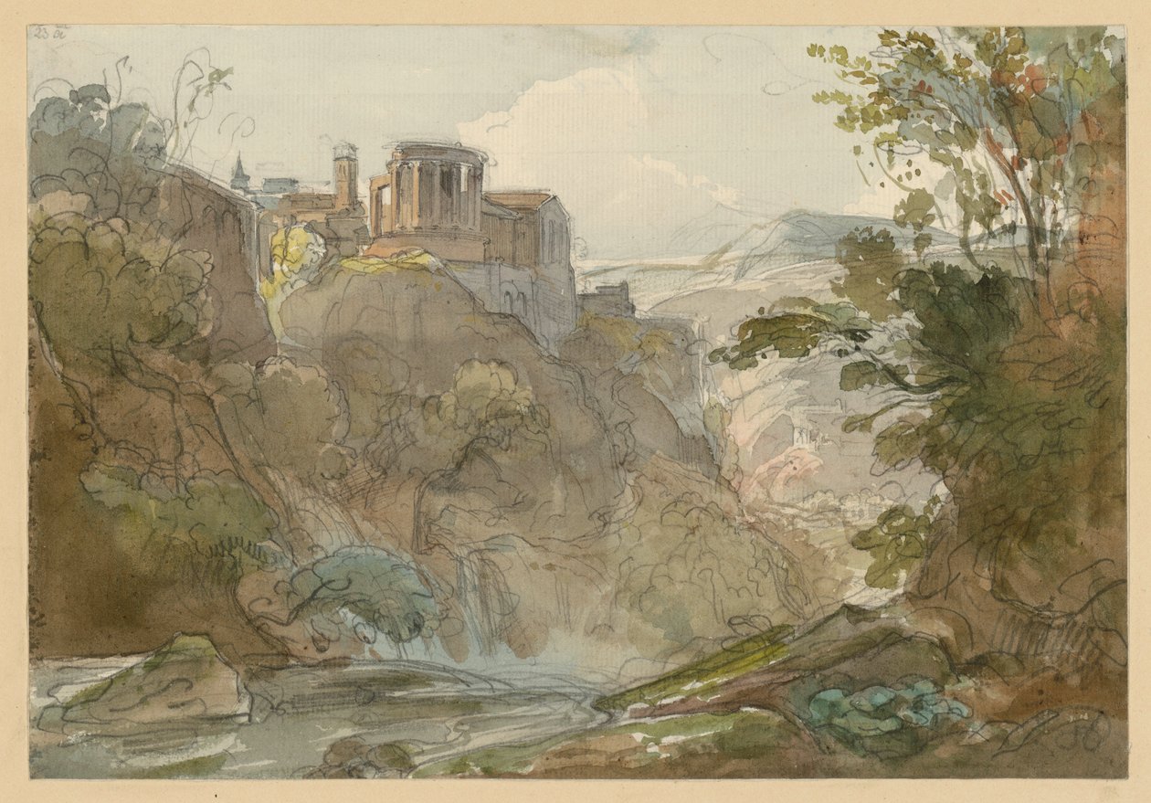 Berglandschap met de Tempel van de Sibille in Tivoli door Ernst Fries