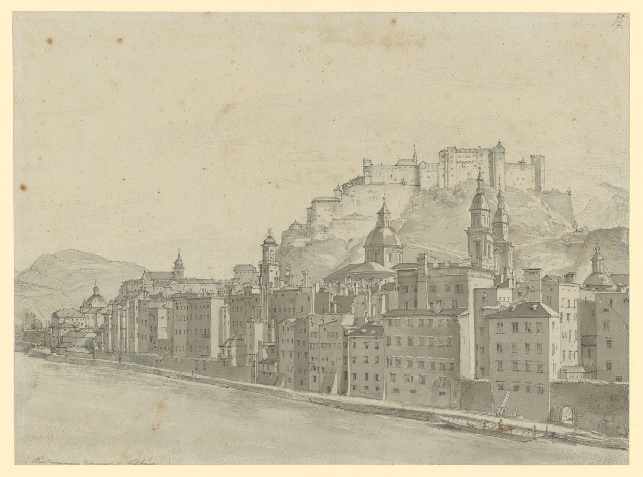 Uitzicht op Salzburg vanuit de kamer van de kunstenaar door Ernst Fries