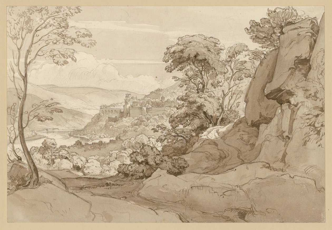 Uitzicht op het kasteel in Heidelberg, met op de voorgrond een rotshelling door Ernst Fries