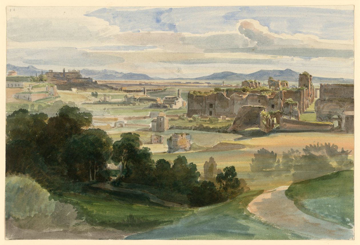Gezicht op de ruïnes van de Thermen van Caracalla, met op de achtergrond de Basilica di San Giovanni in Laterano door Ernst Fries