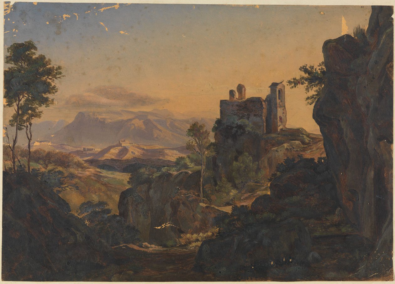 De kasteelruïne van Olevano met uitzicht op de Sabijnse bergen door Ernst Fries