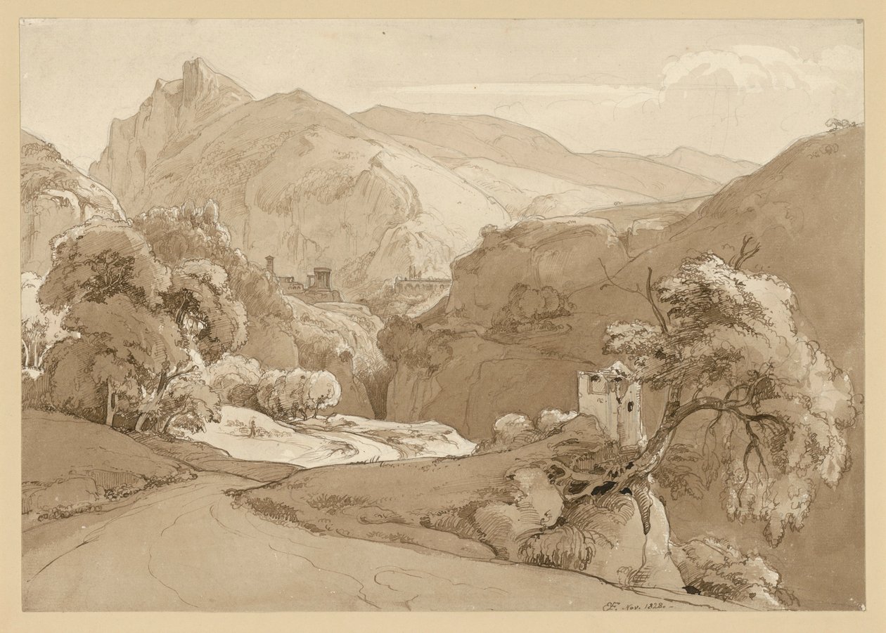 Italiaans berglandschap, op de middengrond de ruïne van een ronde tempel door Ernst Fries