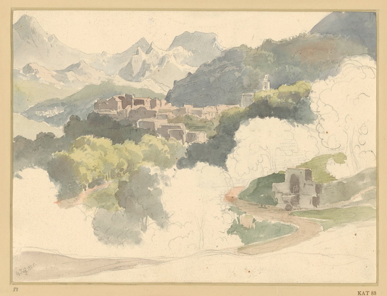 Italiaans berglandschap, met een plaatsje op de middengrond door Ernst Fries