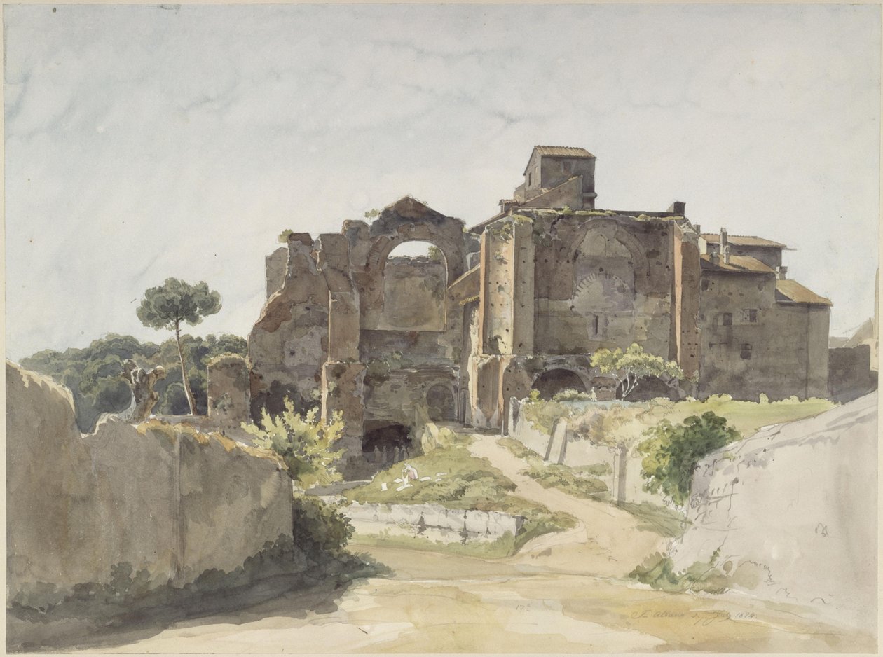 Kerkruïne met later aangebouwde woongebouwen in Albano door Ernst Fries