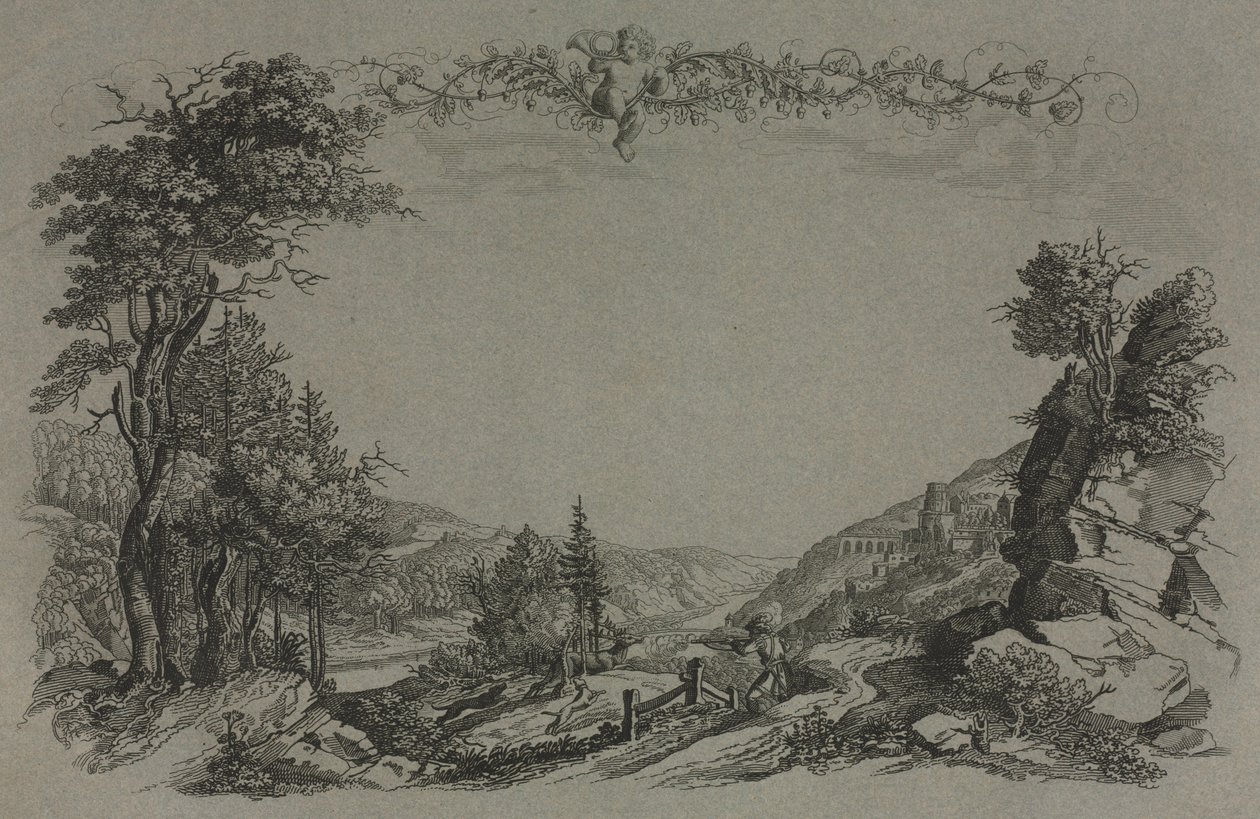 Zes uitzichten van het kasteel van Heidelberg: Omslag, jachtscène door Ernst Fries