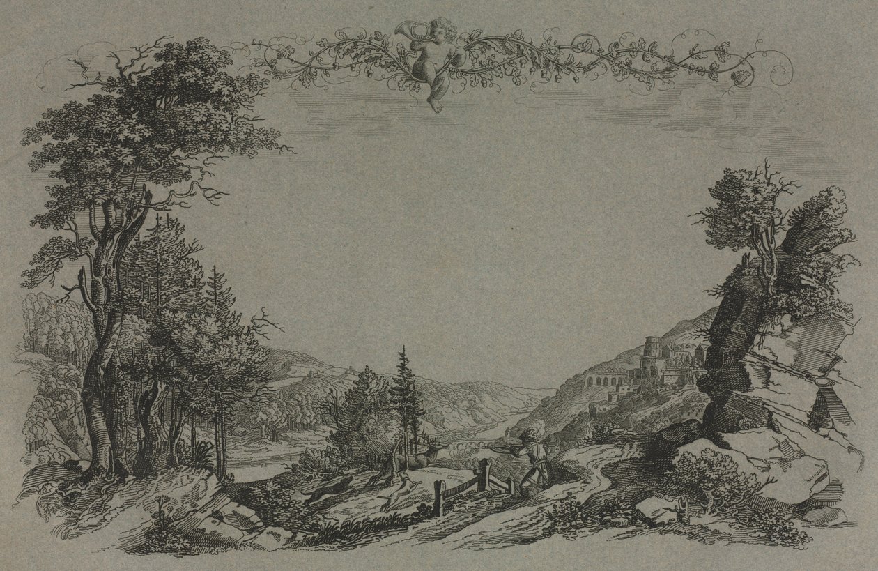 Zes uitzichten van het kasteel van Heidelberg: Omslag, jachtscène, 1820 door Ernst Fries