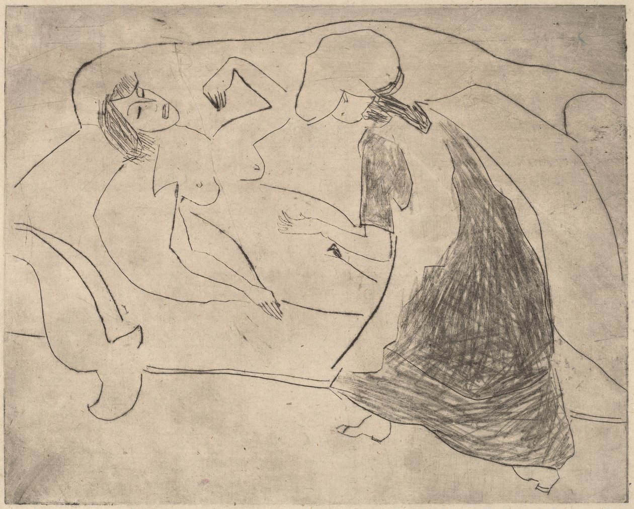 Meisje, met een ander die haar buik wrijft, 1910 door Ernst Ludwig Kirchner