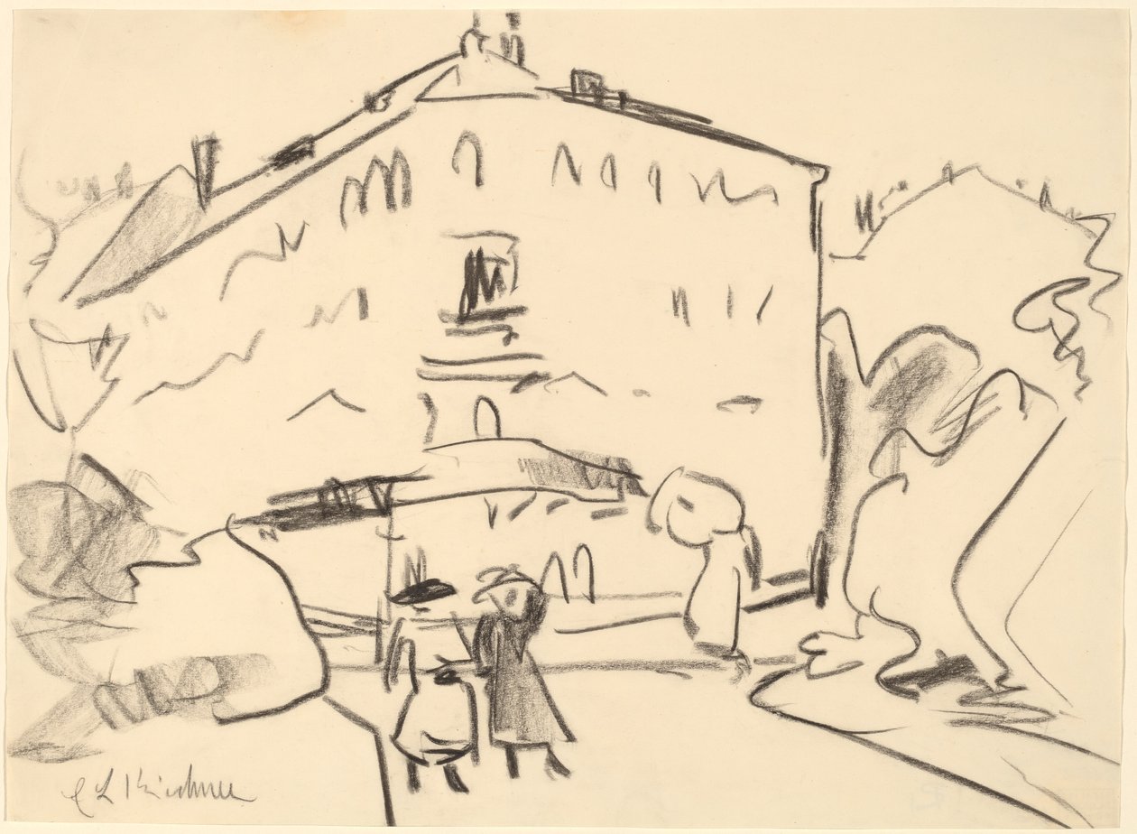 Huizen in Dresden met wandelende mensen, 1909 door Ernst Ludwig Kirchner