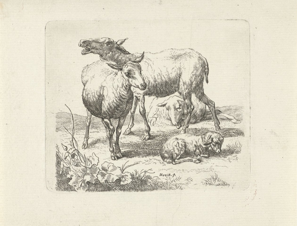Drie schapen en een lammetje in een weide door Ernst Ludwig Creite