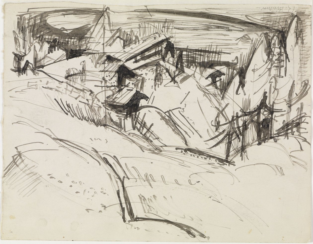 Alpenweide met hutten en dennenbomen door Ernst Ludwig Kirchner