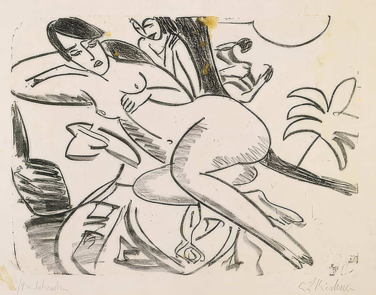 Naakt liggend op deken door Ernst Ludwig Kirchner