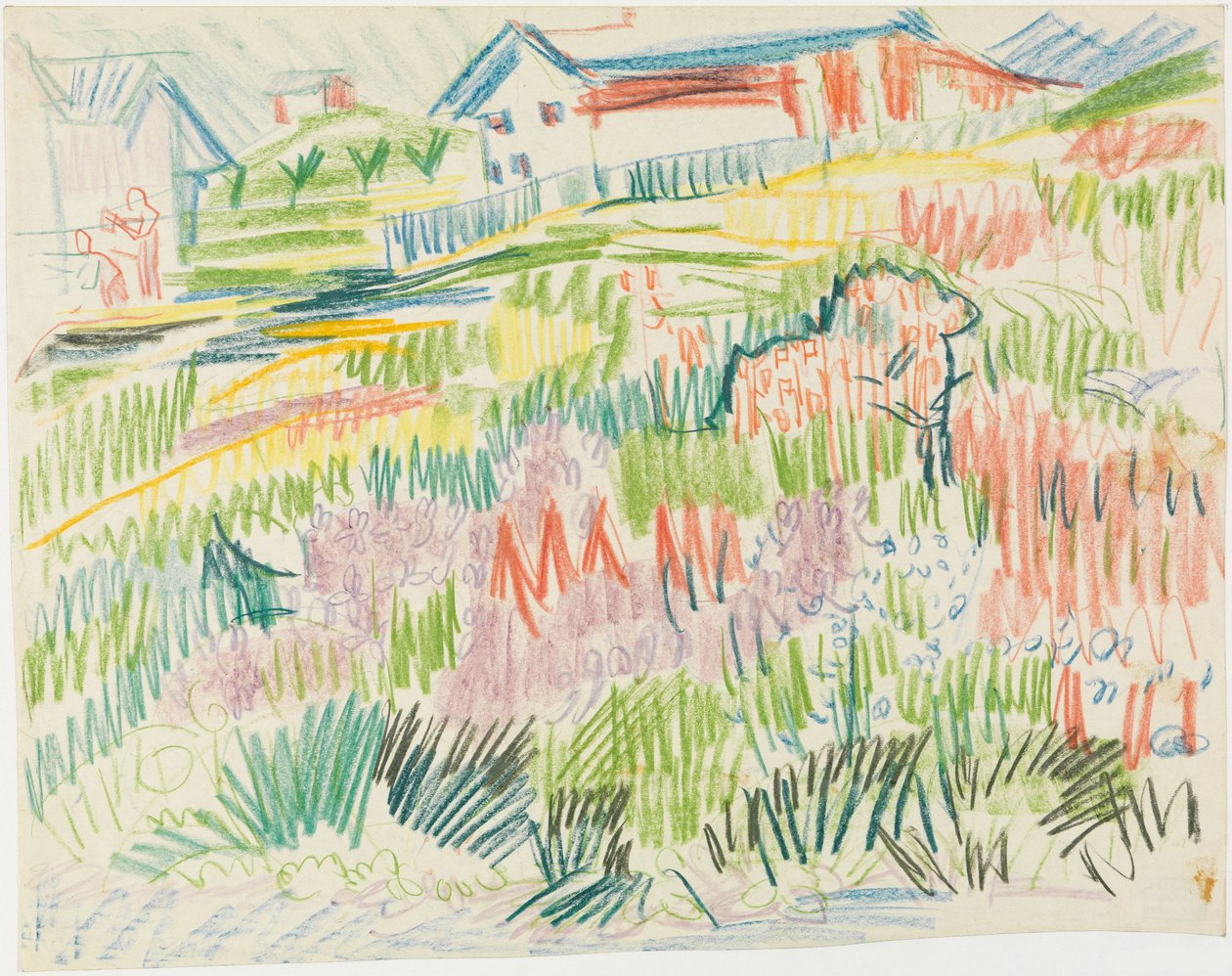 Bloemenweide met huizen door Ernst Ludwig Kirchner