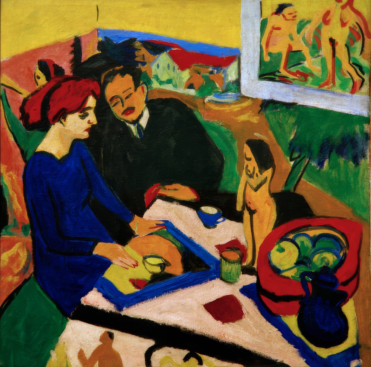 Doris en Heckel aan tafel door Ernst Ludwig Kirchner