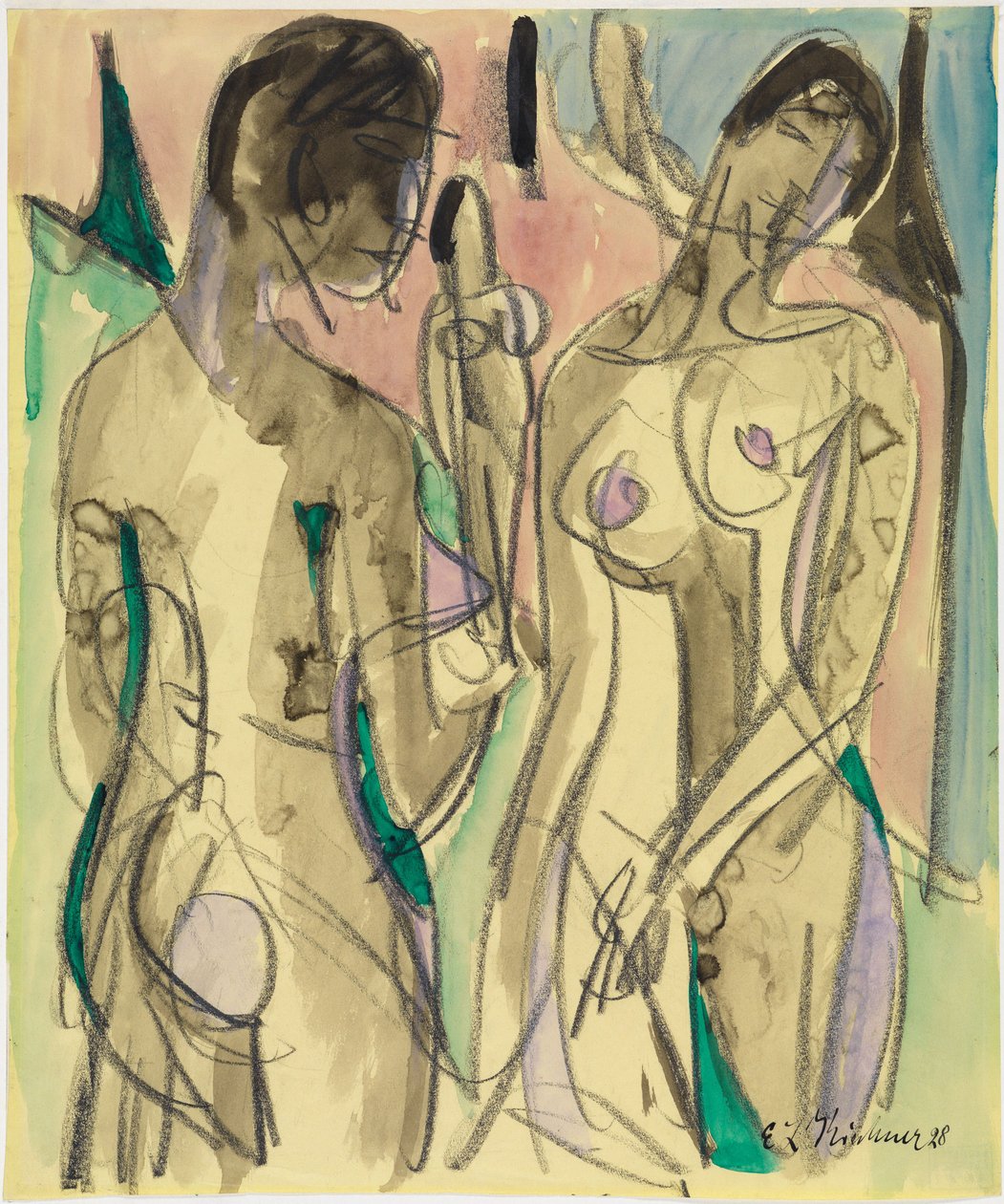 Drie bedrijven in het bos door Ernst Ludwig Kirchner