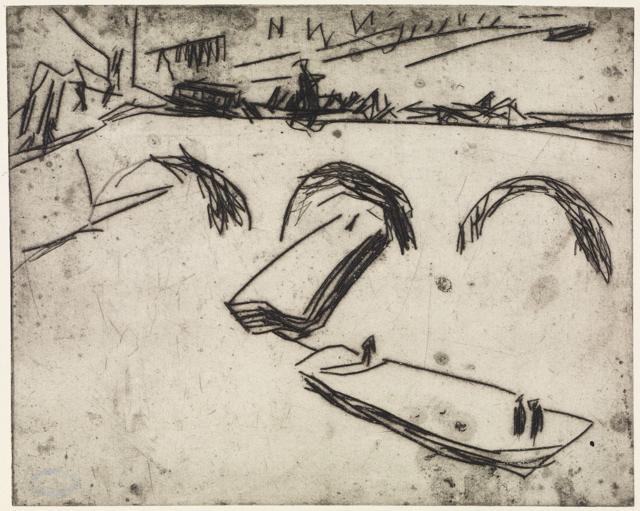 Drie artiesten die aan de ringen werken / Brug aan de Kronprinzenufer, Berlijn door Ernst Ludwig Kirchner