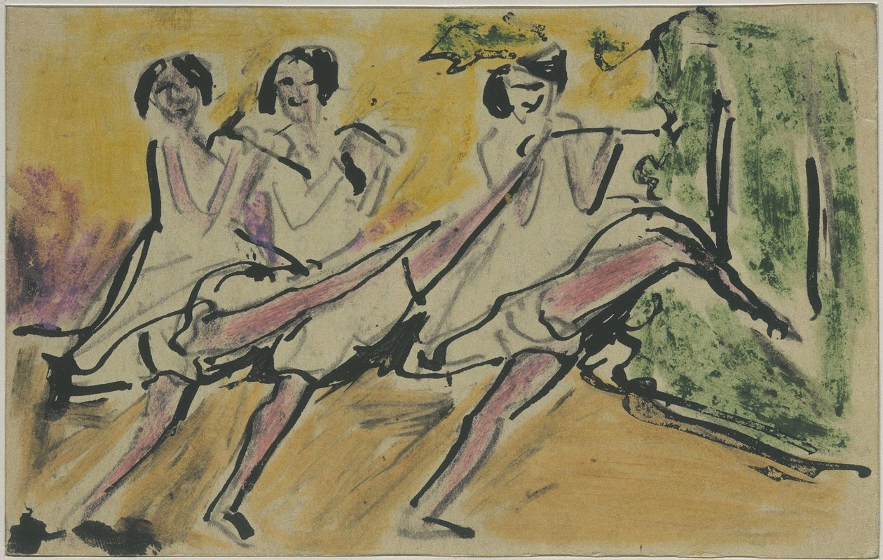 Drei Tänzerinnen (Postkarte an Otto und Maschka Mueller) door Ernst Ludwig Kirchner