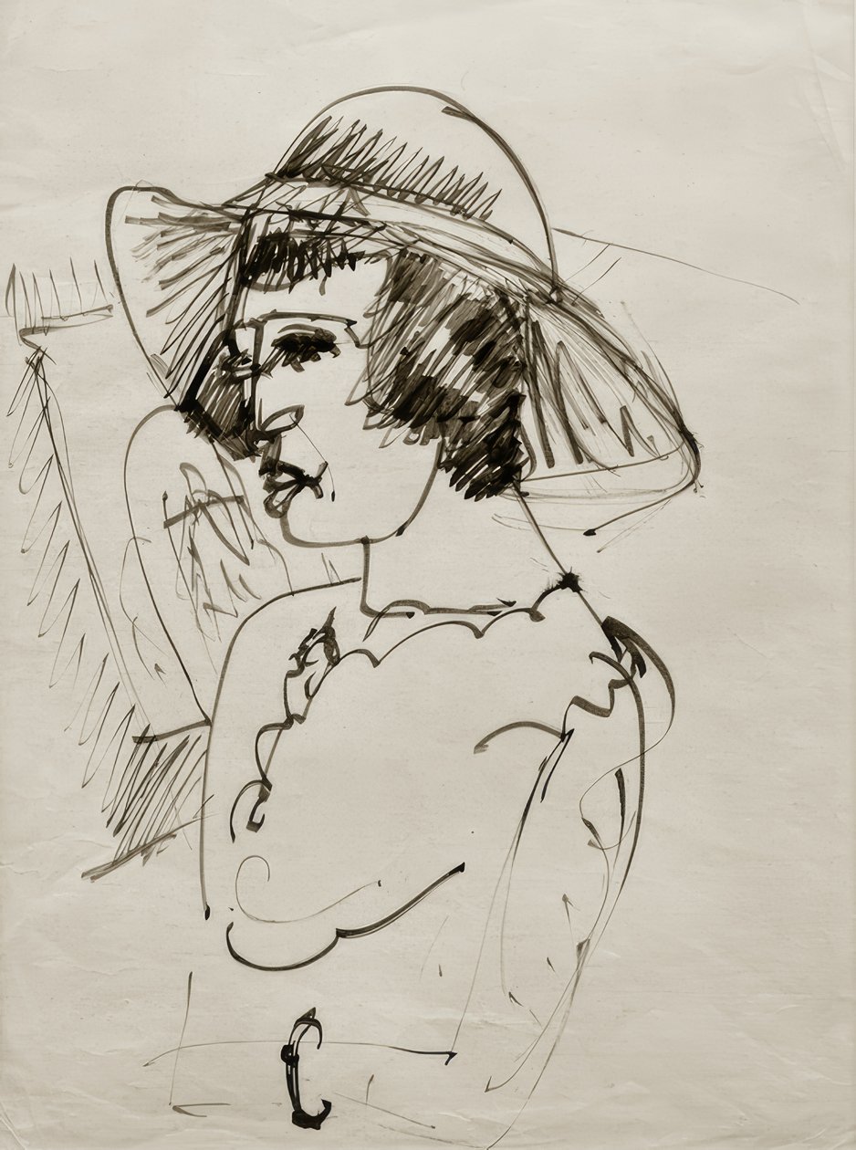 E.L.Kirchner, Portret Erna met Grote Hoed door Ernst Ludwig Kirchner