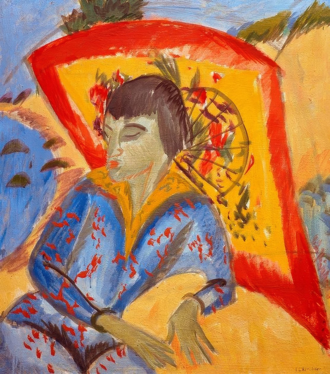 Erna met Japanse paraplu (Japanse vrouw) door Ernst Ludwig Kirchner