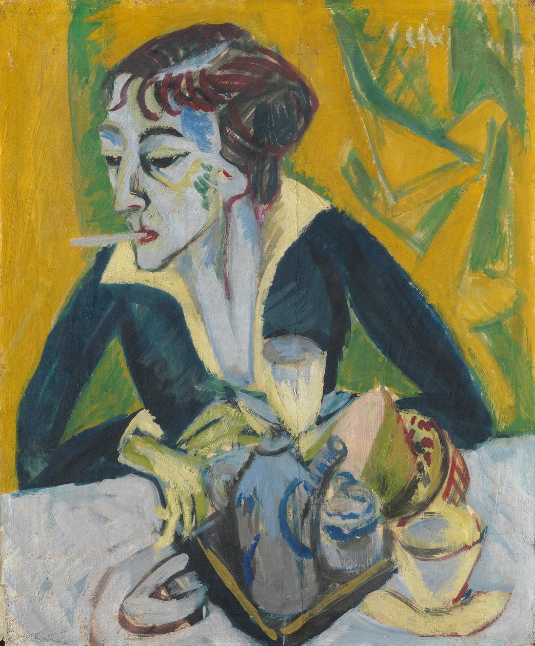 Erna met sigaret (Portret van Erna in blauw) door Ernst Ludwig Kirchner