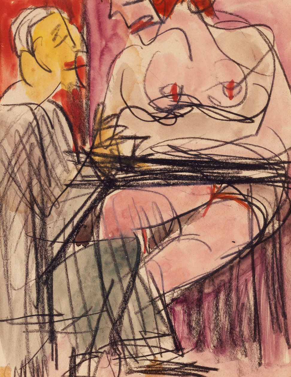 Vrouwelijk Naakt en Man zittend aan een Tafel door Ernst Ludwig Kirchner