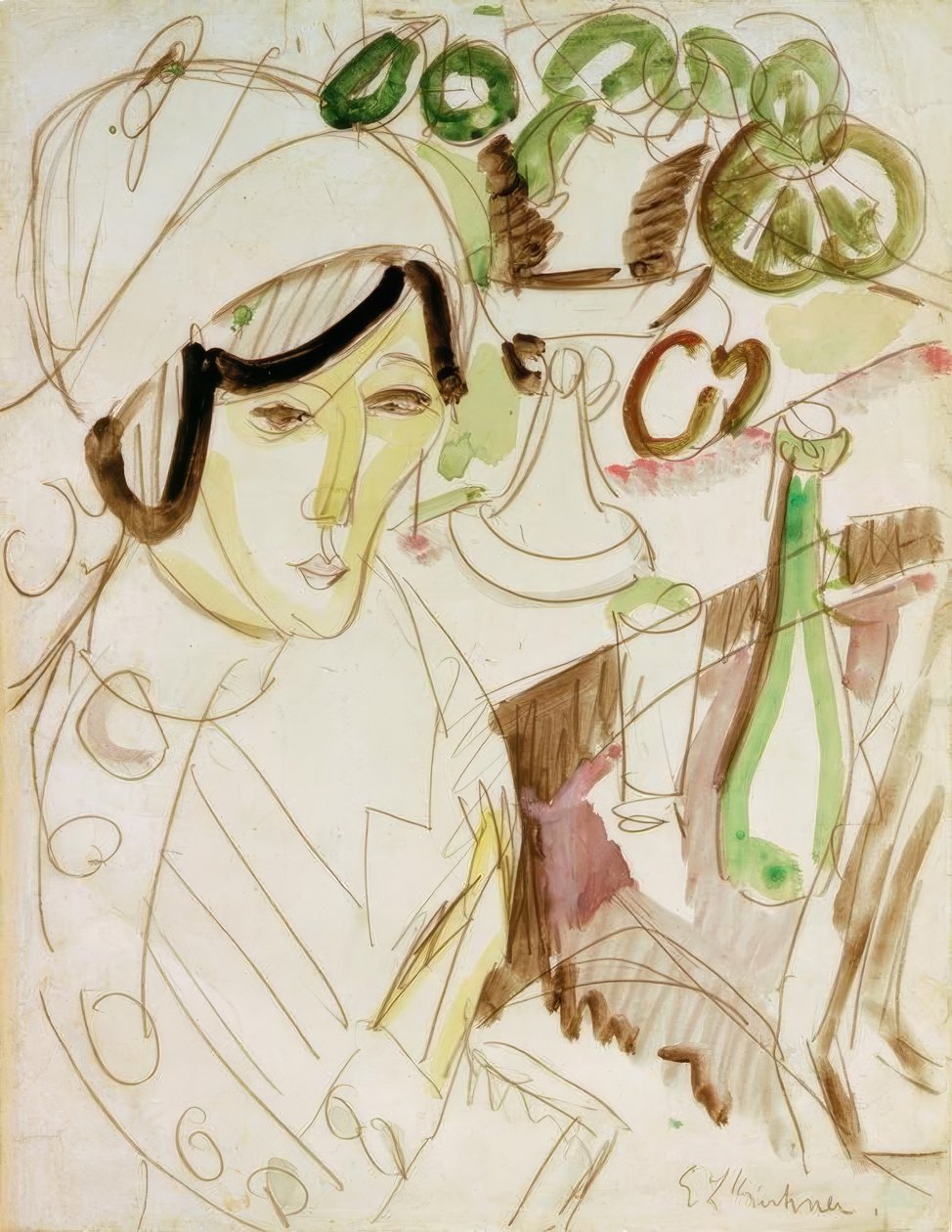 Vrouw met ronde hoed (Erna) door Ernst Ludwig Kirchner