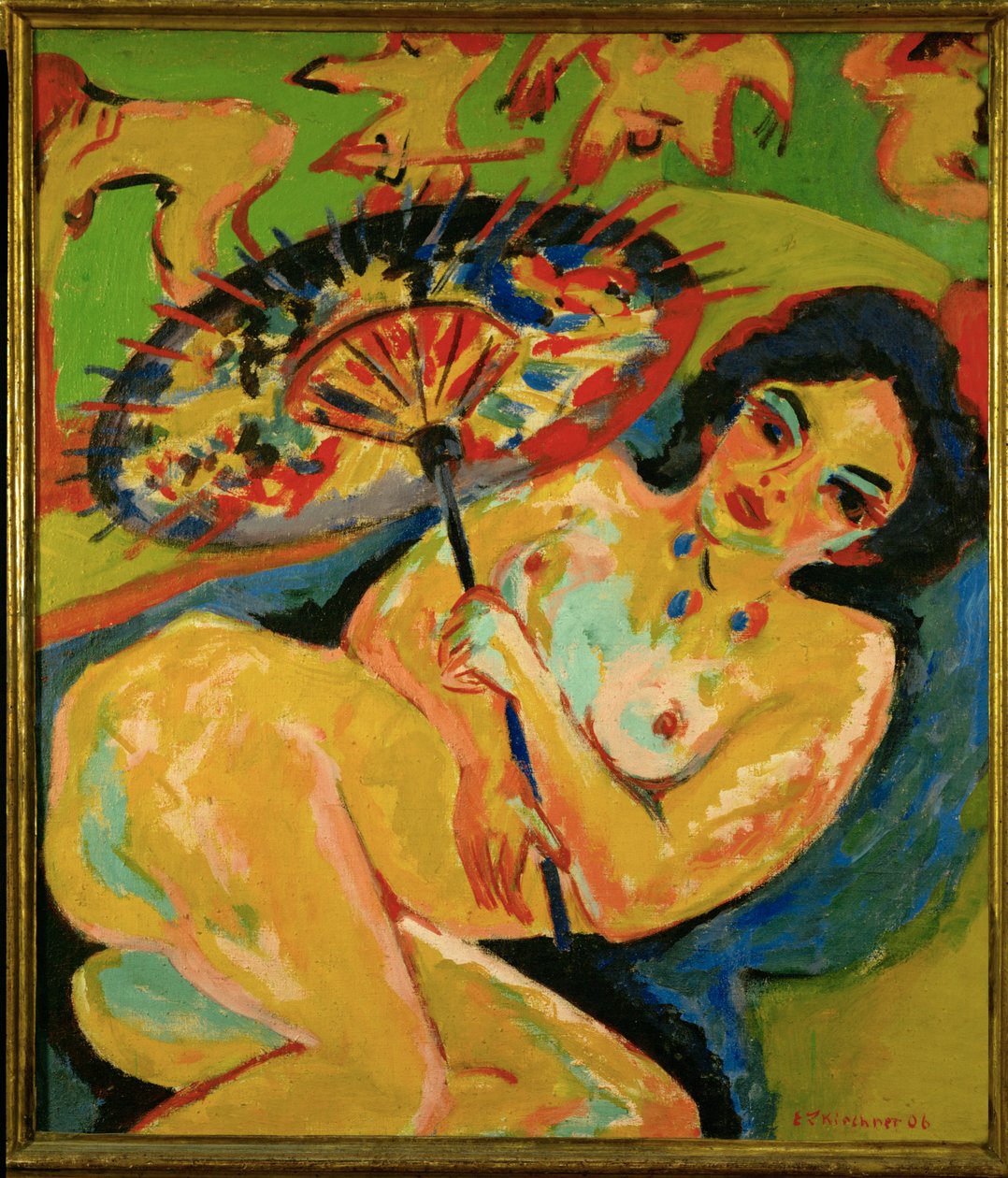 Meisje onder een Japanse paraplu (olieverf op doek) door Ernst Ludwig Kirchner