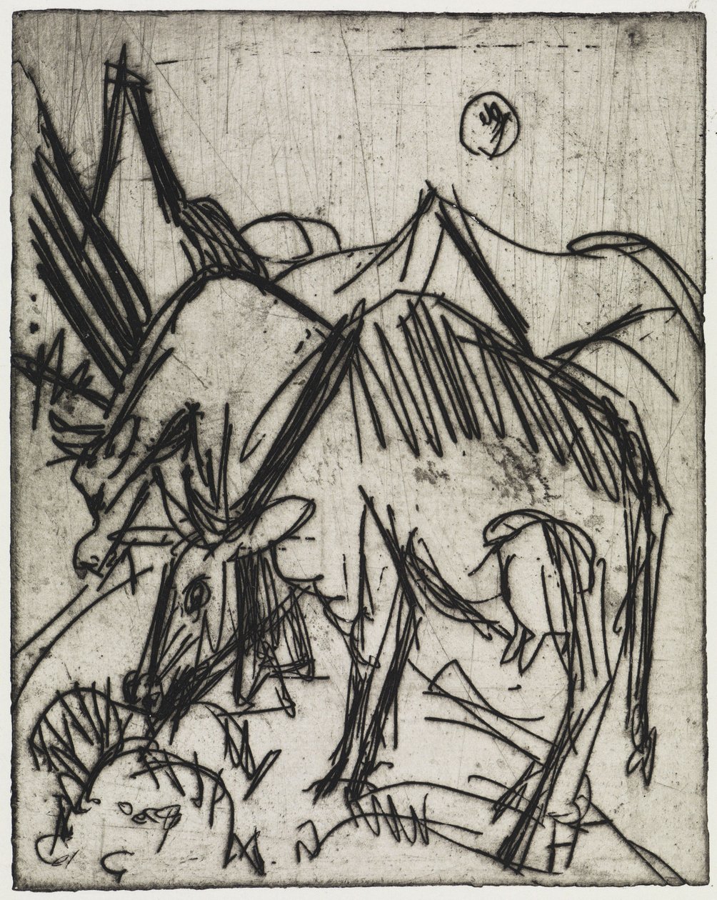 Koeien die in het maanlicht grazen / Twee jongens die met een kat spelen door Ernst Ludwig Kirchner