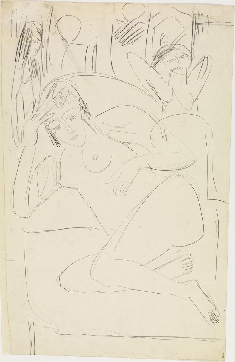Vrouwelijk naakt, ineengedoken in een fauteuil, met houten figuren door Ernst Ludwig Kirchner