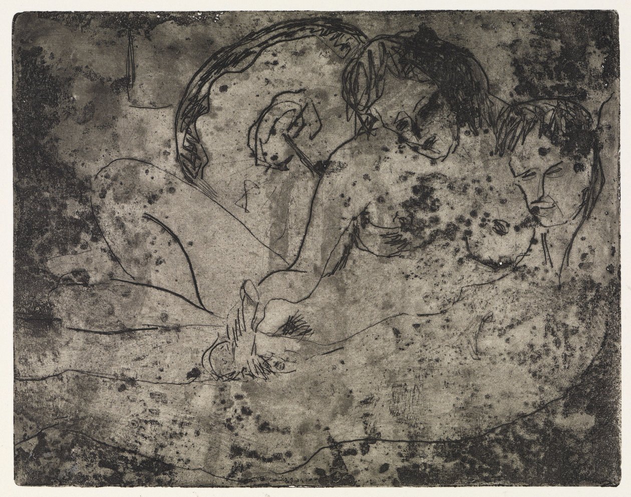 Liefdespaar met een Japanse paraplu / Overtocht over de Elbe in de regen. - Bij de aanlegsteiger door Ernst Ludwig Kirchner