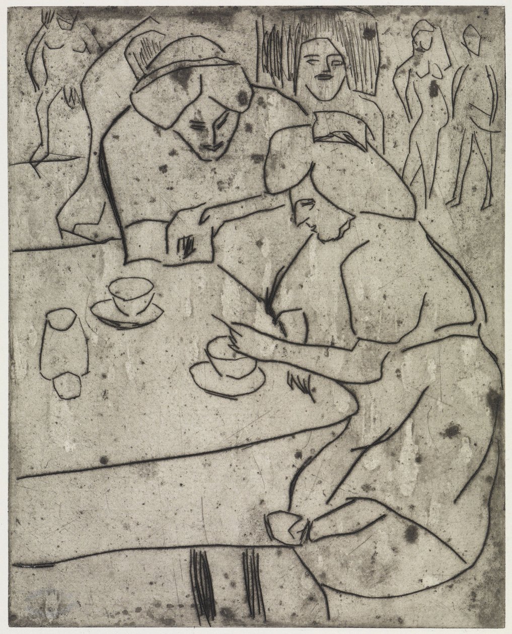 Meisjes die elkaars buik afdrogen / Meisjes aan de koffietafel door Ernst Ludwig Kirchner