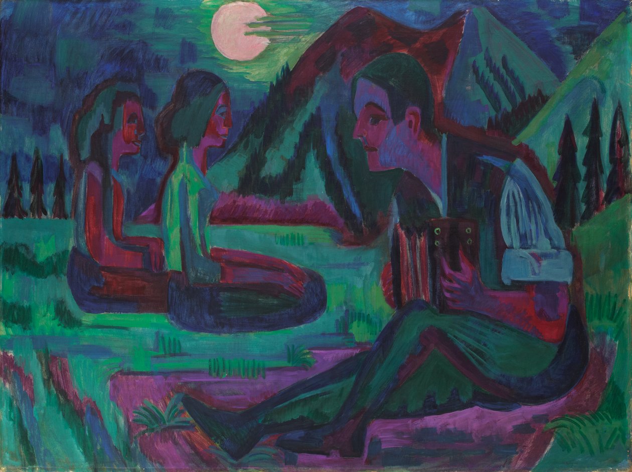 Nachtmaan; Accordeonspeler bij maanlicht door Ernst Ludwig Kirchner
