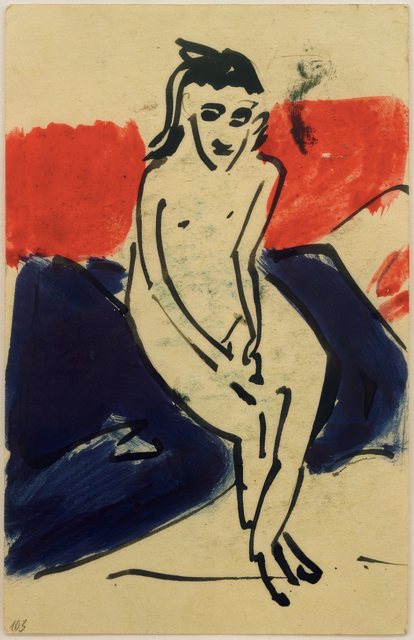 Ansichtkaart aan Erich Heckel van 30.6.1910 (Zittende naakte Marzella) door Ernst Ludwig Kirchner