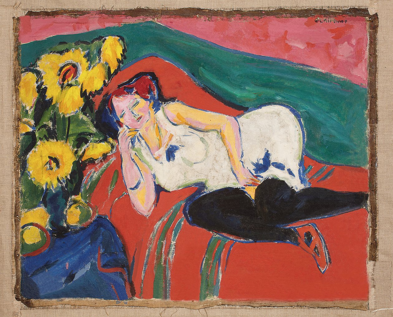 Liggende vrouw in een wit nachthemd door Ernst Ludwig Kirchner