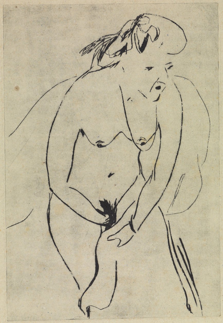 Badgasten die zich afdrogen met een handdoek en een ketting door Ernst Ludwig Kirchner