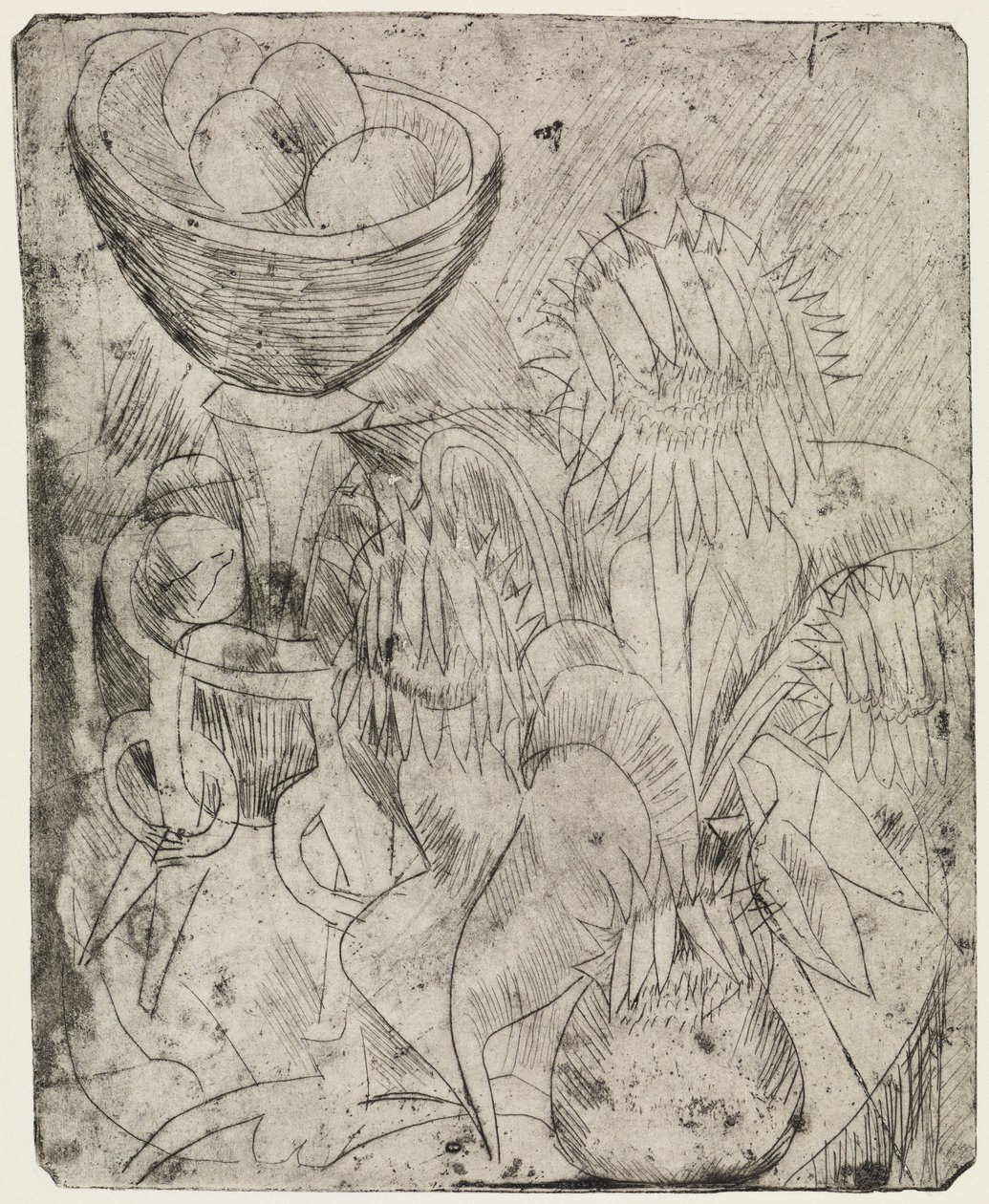 Stilleven met zonnebloemen en een fruitschaal / Een groep voorbijgangers en elektriciteit door Ernst Ludwig Kirchner