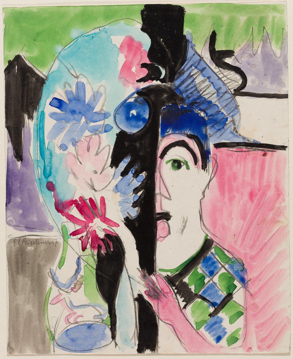 Studie voor "Molenaarshoofd met bloemen" door Ernst Ludwig Kirchner