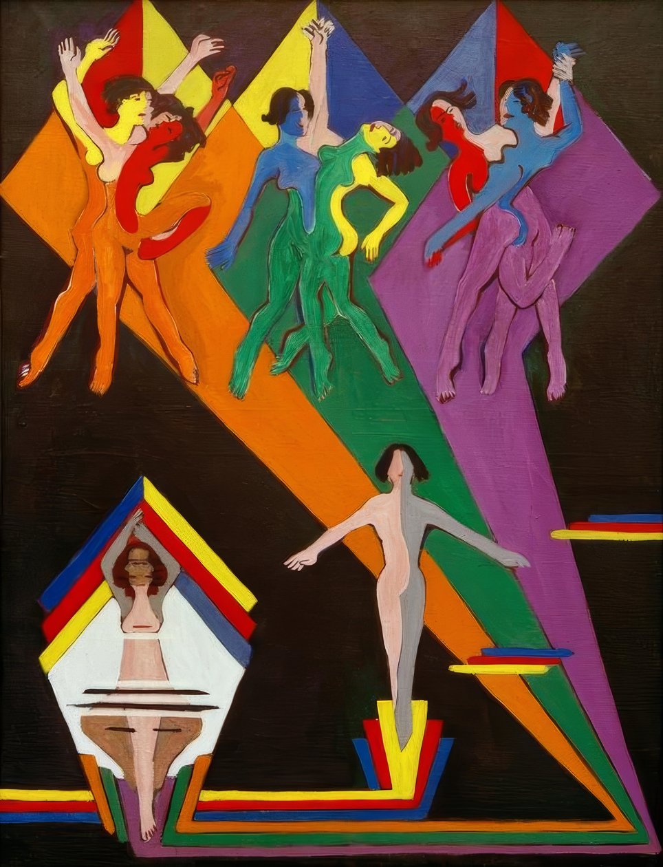 Dansende meisjes in gekleurde stralen door Ernst Ludwig Kirchner
