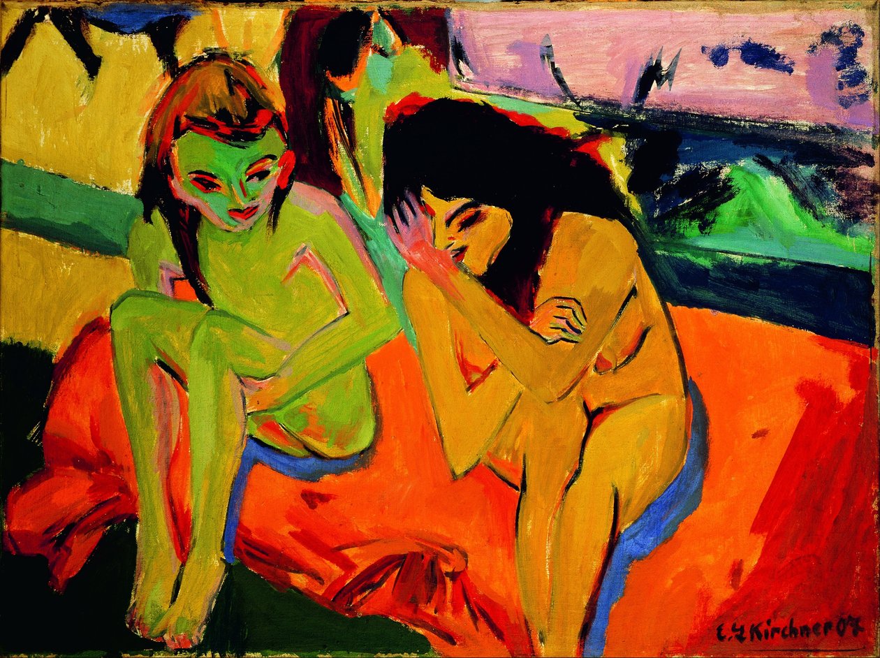 Twee meisjes / naakte meisjes in gesprek door Ernst Ludwig Kirchner