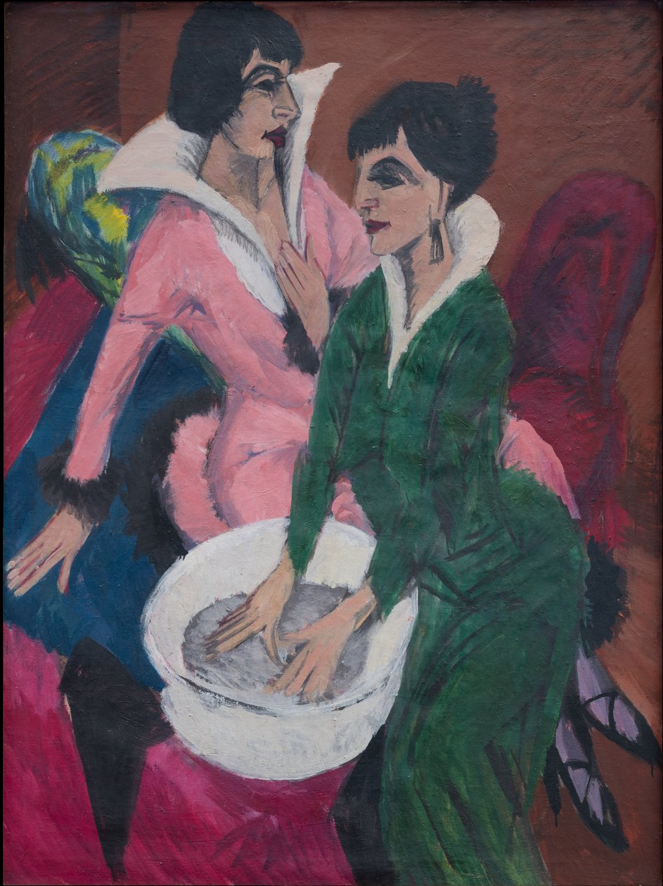 Twee vrouwen bij een wastafel; De zussen door Ernst Ludwig Kirchner
