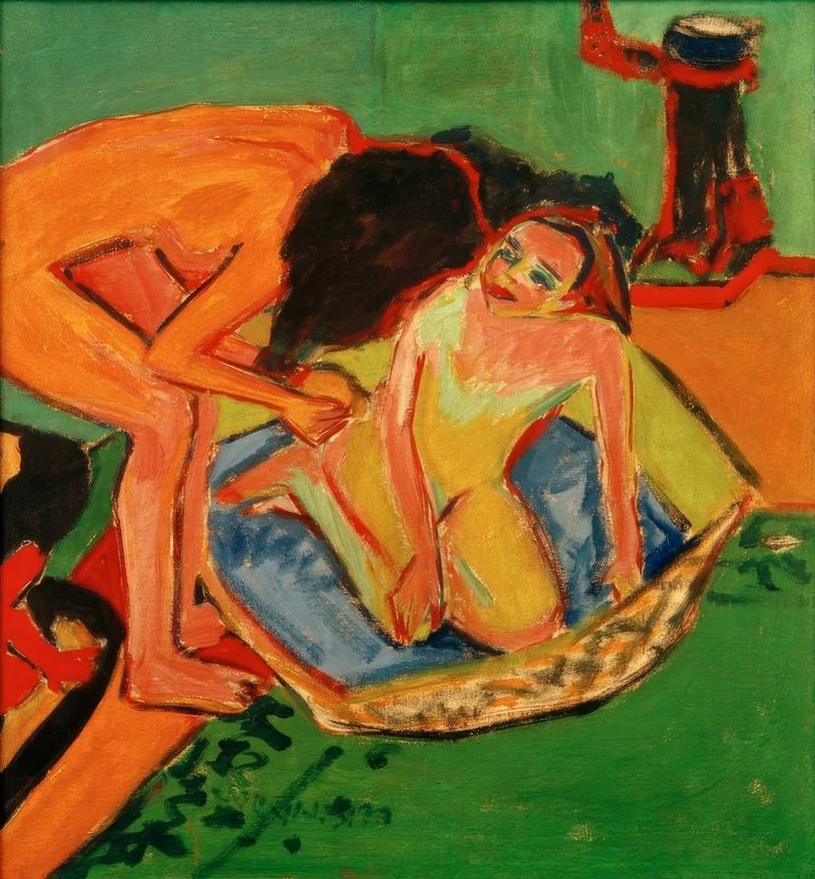 Twee naakten met badkuip en oven door Ernst Ludwig Kirchner