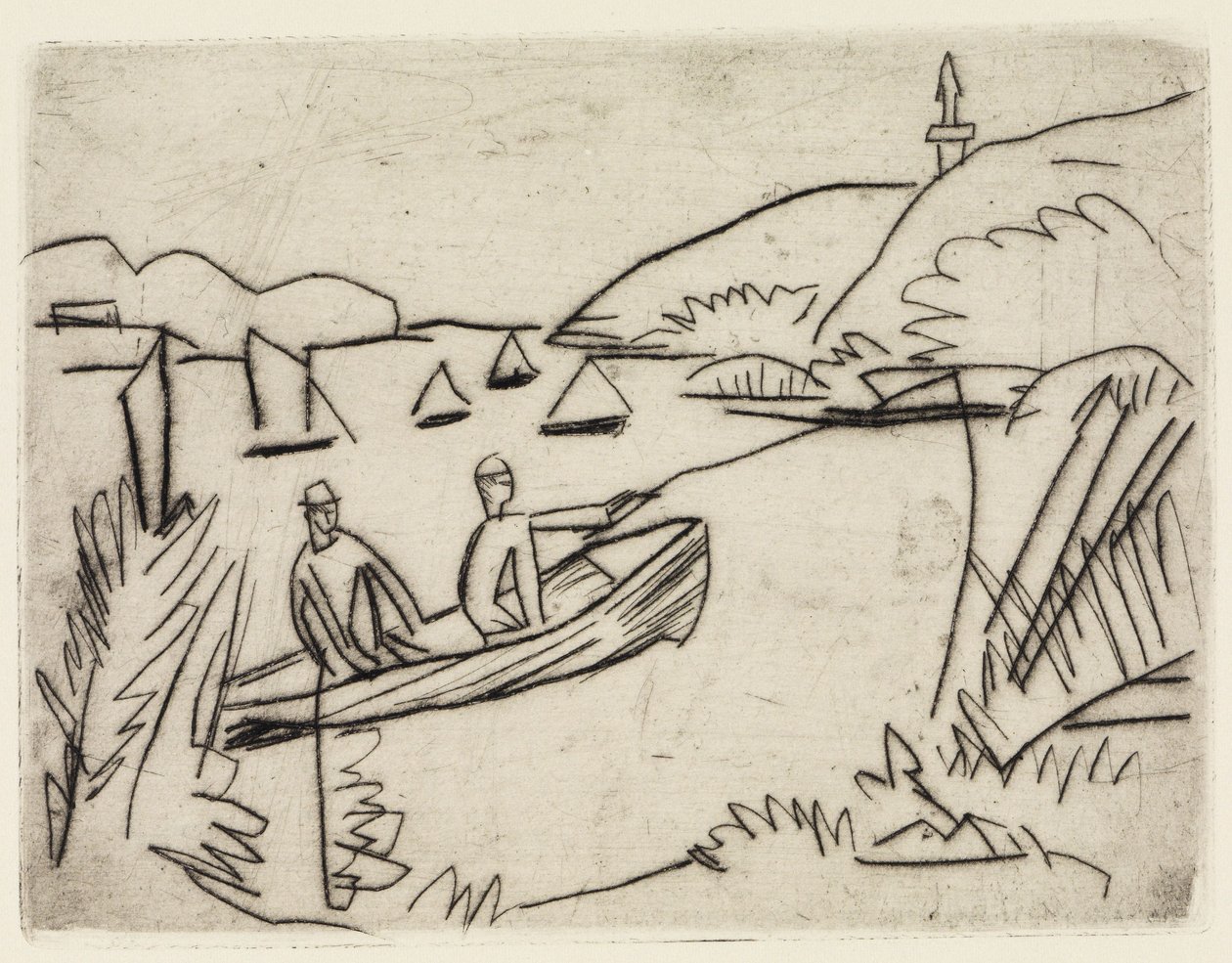 Twee zwemmers bij de vijvers van Moritzburg / Een visser in een boot op de Müggelsee door Ernst Ludwig Kirchner