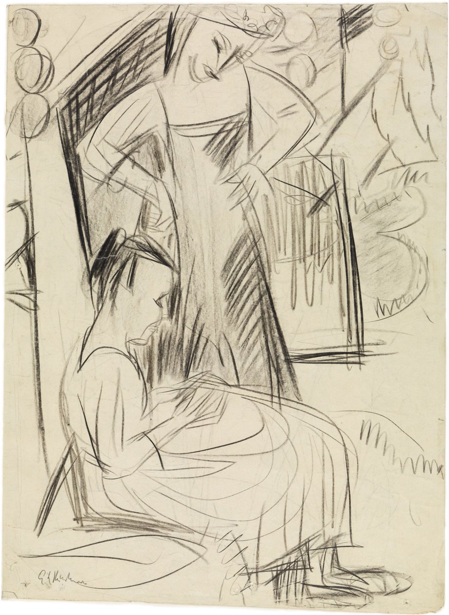Twee meisjes voor het huis door Ernst Ludwig Kirchner