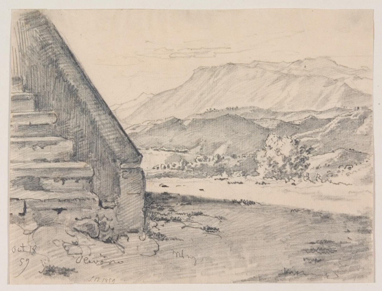 Prospect met een trap links en rechts uitzicht over een berglandschap door Ernst Meyer