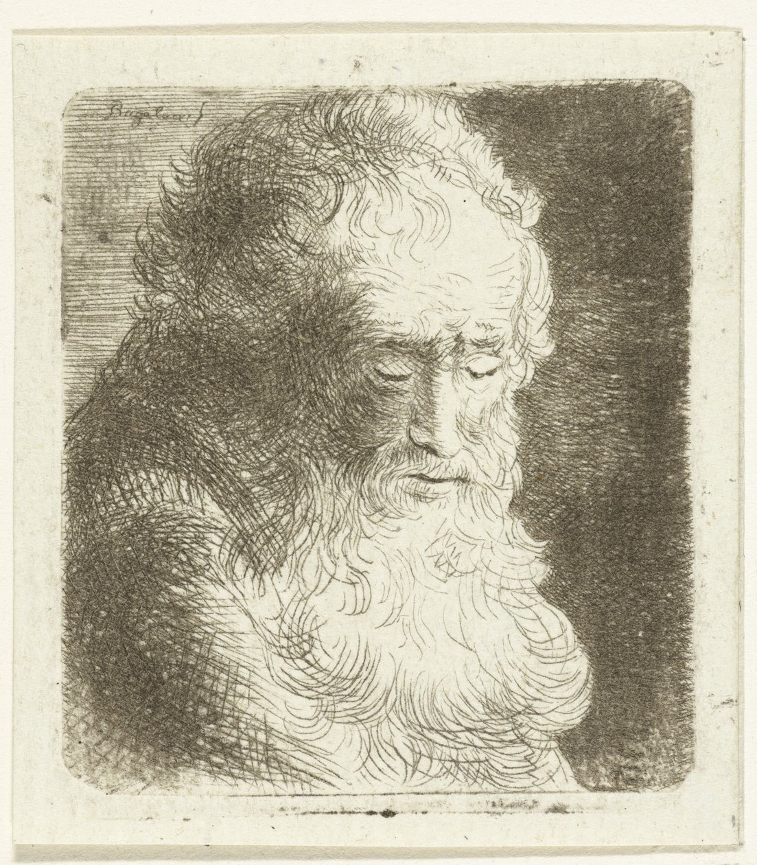 Oude man met baard met de blik naar beneden gericht: driekwart, naar rechts door Ernst Willem Jan Bagelaar