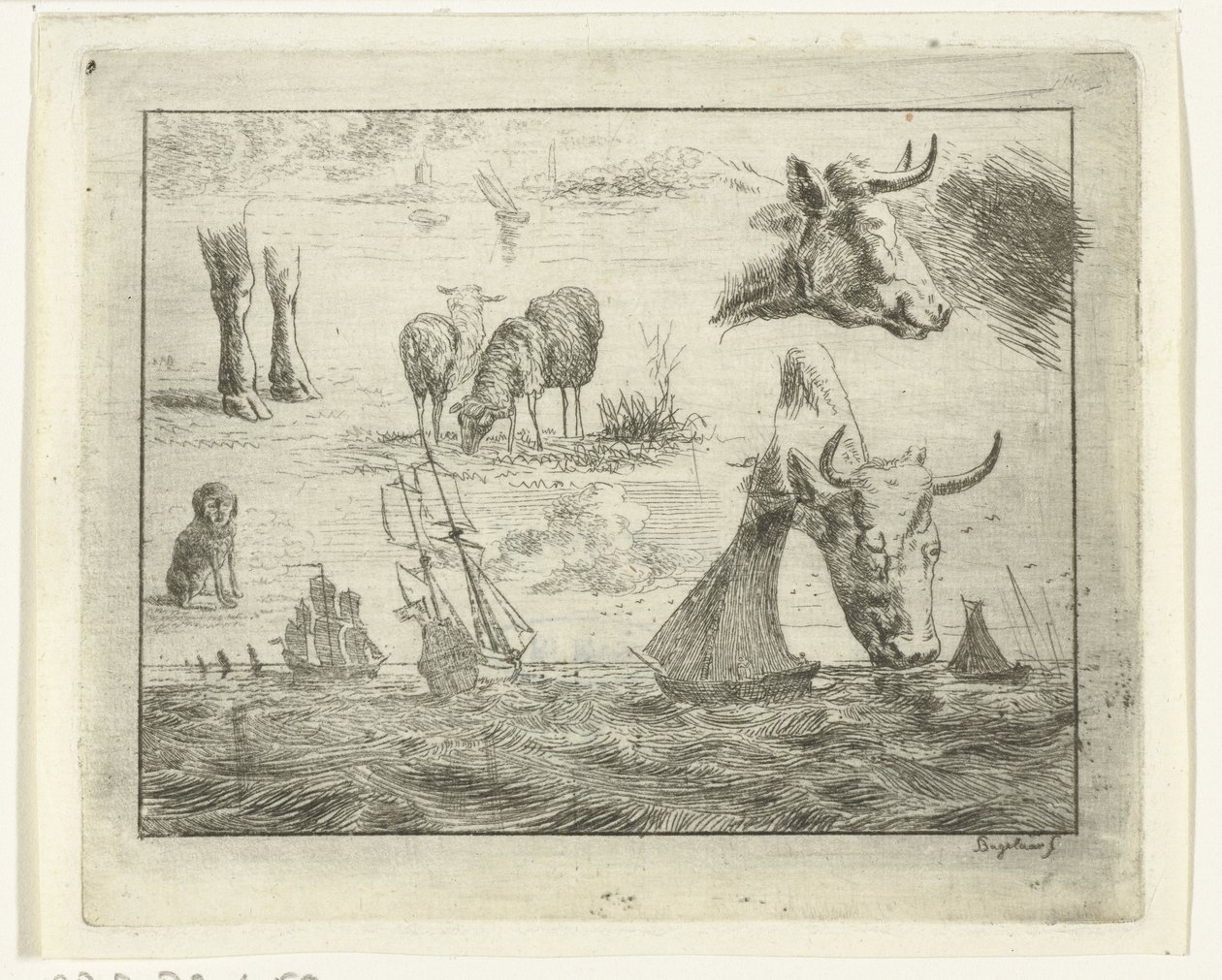 Studieblad met een zeegezicht, twee koeienkoppen, schapen, een hond en twee poten door Ernst Willem Jan Bagelaar