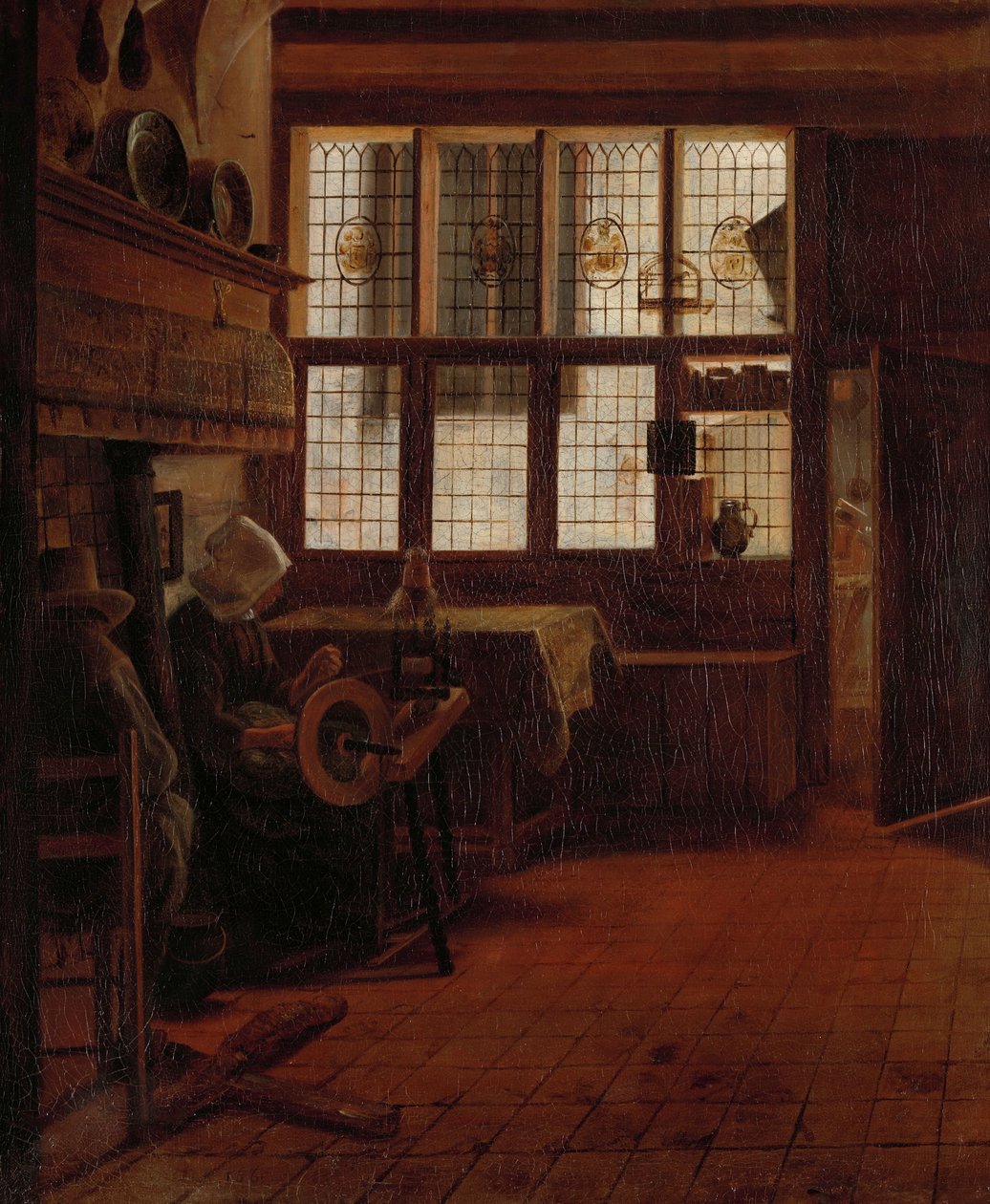 Interieur met Vrouw bij het Spinnewiel door Esaias Boursse
